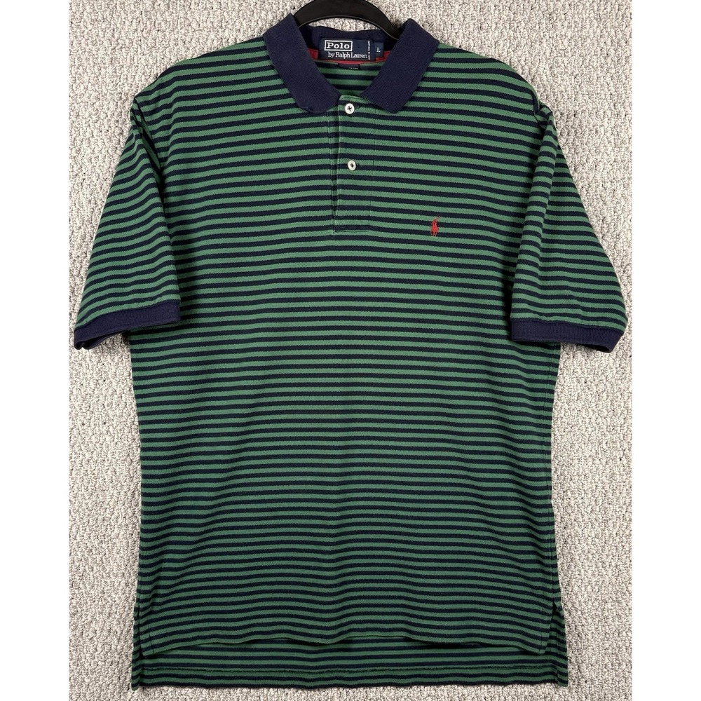 Vintage Polo Ralph Lauren Stripe Rugby Polo Shirt USA Made Green Blue L